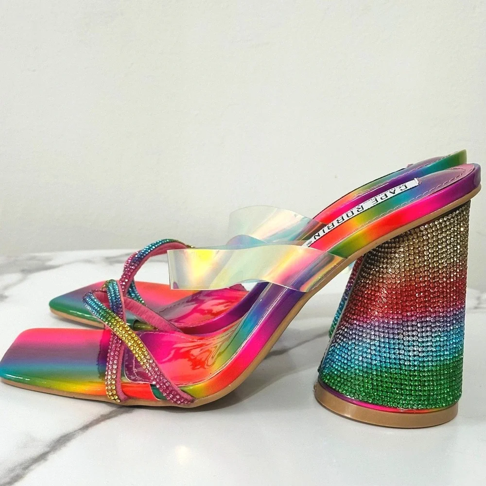 Cape Robbin Beatrizia Rainbow Rhinestone Block Heels Pink Mesh Leggings Set 8.5‎